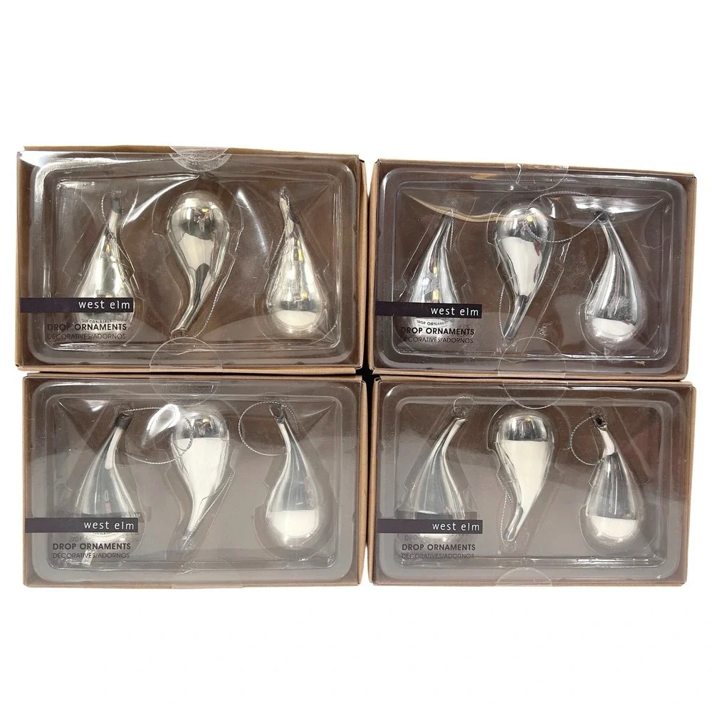 West Elm Drop‎ Ornaments Set 12 Silver Mercury Glass Midcentury Modern Christmas